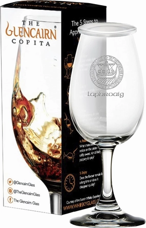 GLENCAIRN LAPHROAIG ISLAY CREST BRANDED WHISKY COPITA GLASS IN GIFT CARTON WITH WATCH COVER