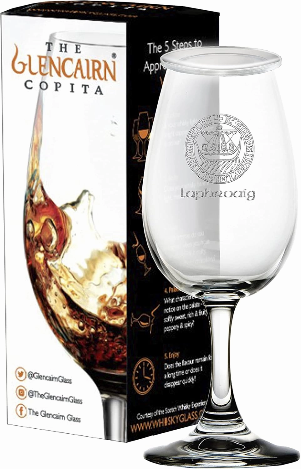 GLENCAIRN LAPHROAIG ISLAY CREST BRANDED WHISKY COPITA GLASS IN GIFT CARTON WITH WATCH COVER
