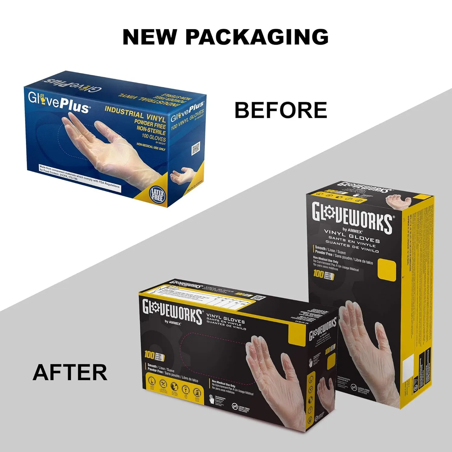 GLOVEPLUS AMMEX Industrial Clear Vinyl Gloves, Latex Free, Powder Free, Food Safe, Disposable, Non-Sterile