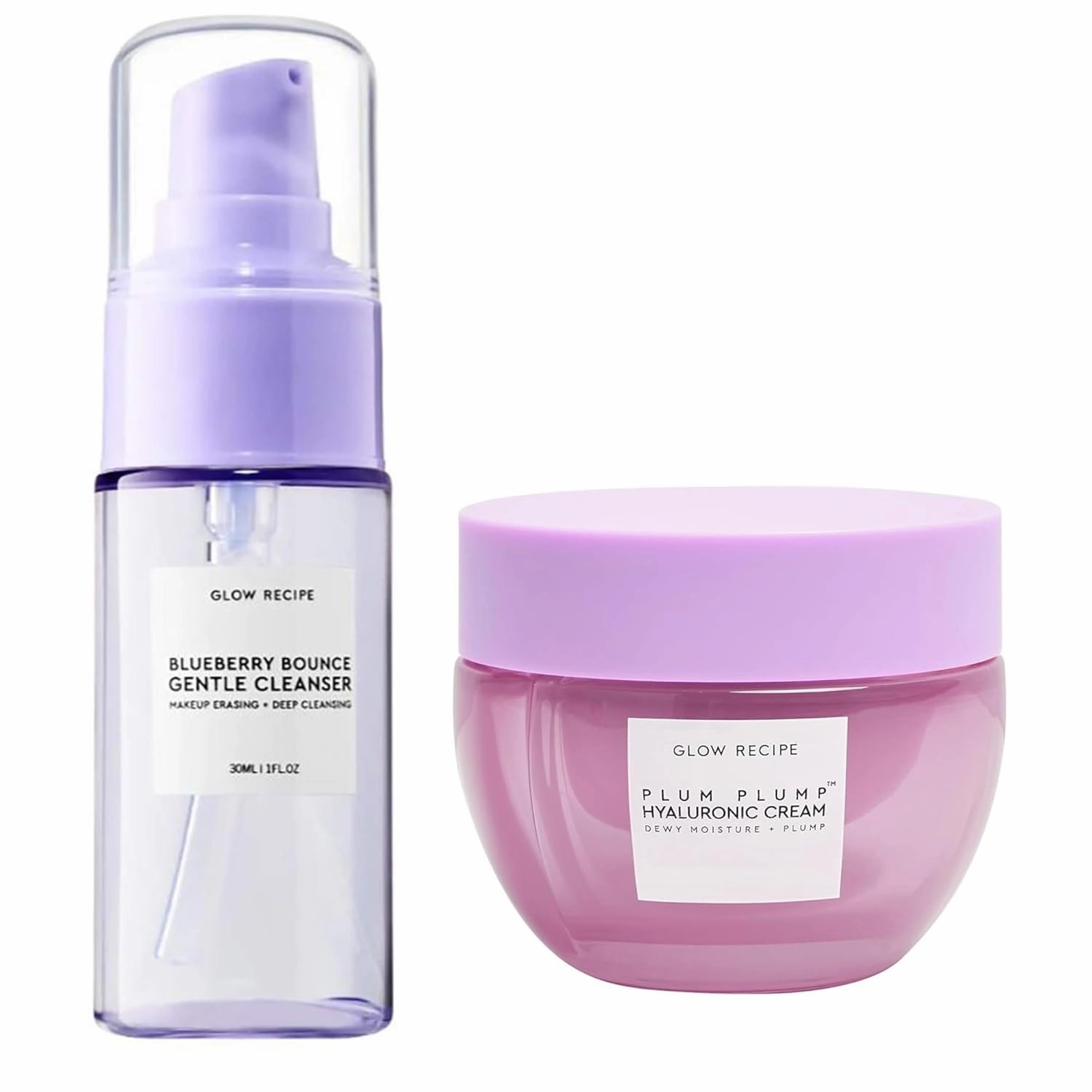 Glow Recipe Blueberry Bounce Gentle Face Cleanser - Moisturizing Makeup Remover & Foaming Face Wash (30 ml)   Plum Plump Hyaluronic Acid Face Cream for Dry Skin (20 ml)