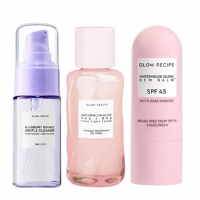 Glow Recipe Blueberry Bounce Gentle Face Cleanser & Makeup Remover with Exfoliating AHA (30 ml)   PHA BHA Face Toner (40 ml)   SPF Dew Balm Sunscreen Stick (0.58 oz) - Vegan Skincare for Glowing Skin