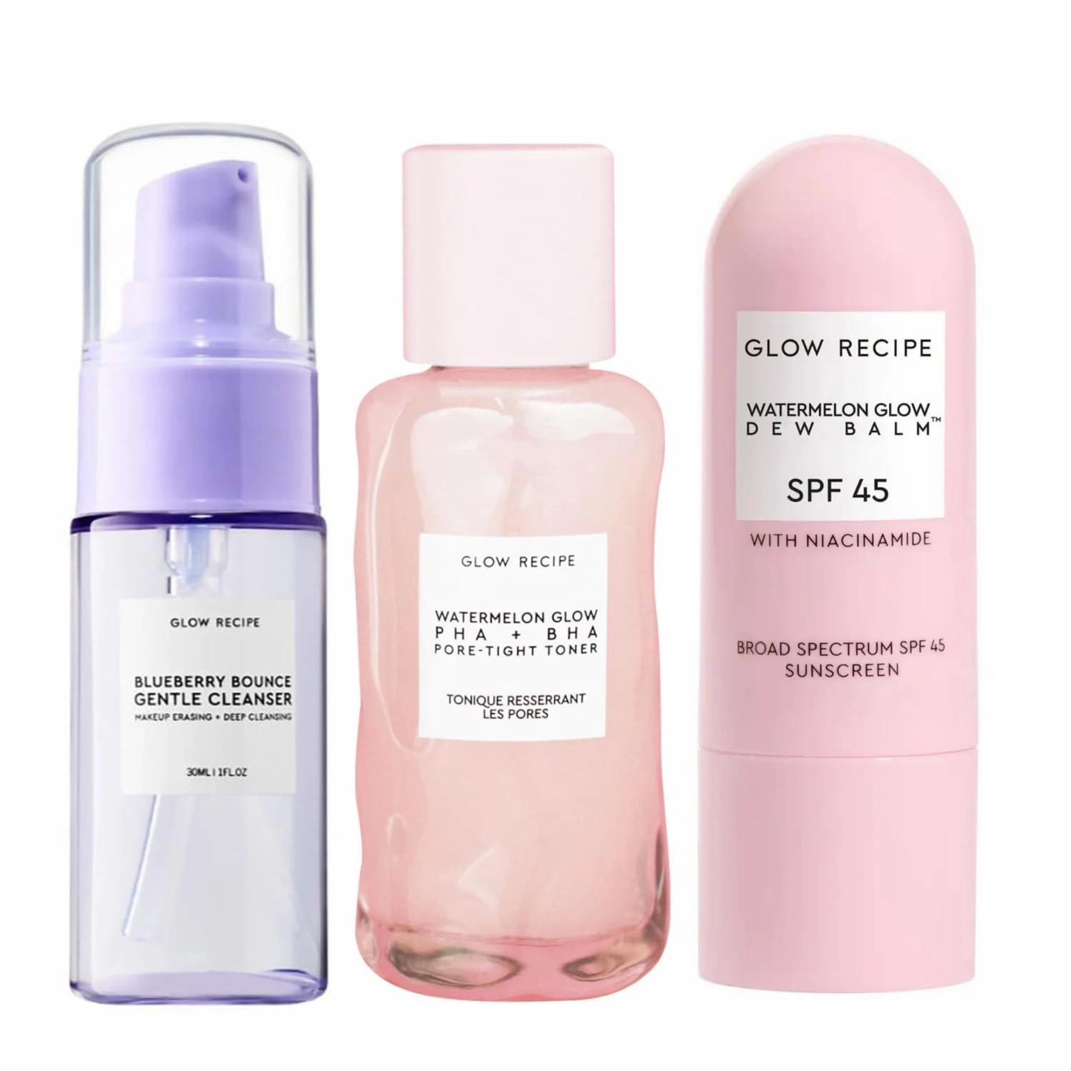 Glow Recipe Blueberry Bounce Gentle Face Cleanser & Makeup Remover with Exfoliating AHA (30 ml)   PHA BHA Face Toner (40 ml)   SPF Dew Balm Sunscreen Stick (0.58 oz) - Vegan Skincare for Glowing Skin