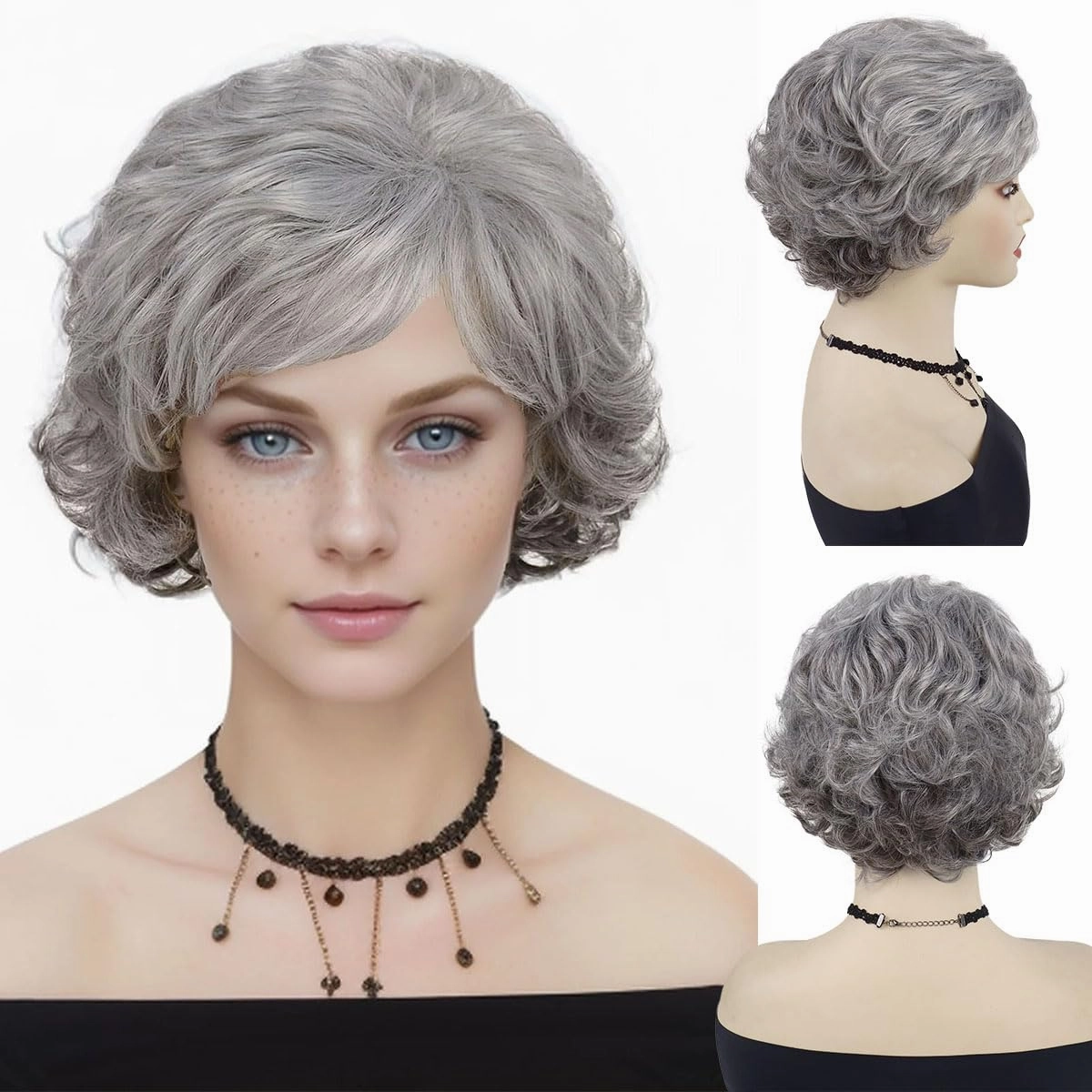GNIMEGIL 60s Wig Ombre Grey Short Curly Hair Wigs for Women Old Lady Costume Synthetic Hair Wig Gifts for Grandma Wig Halloween