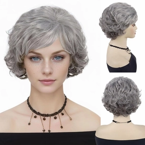 GNIMEGIL 60s Wig Ombre Grey Short Curly Hair Wigs for Women Old Lady Costume Synthetic Hair Wig Gifts for Grandma Wig Halloween