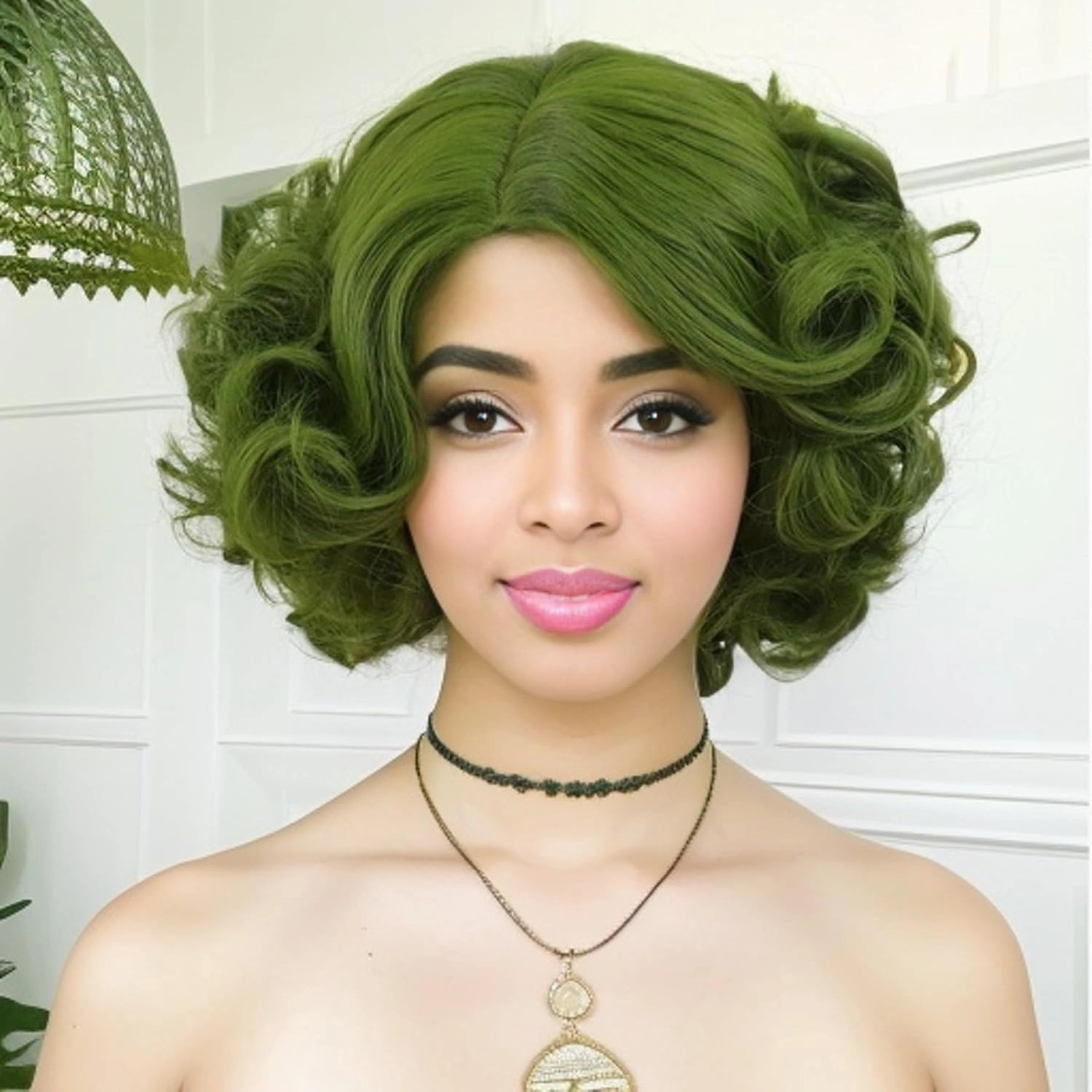 GNIMEGIL Short Olive Green Fluffy Curly Wavy Layered Wigs for Women Anime Cosplay Party Costume Synthetic Wigs Lady