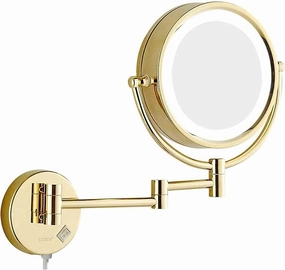 Gold Wall-Mounted Makeup Mirror, 8 inch Magnifying Double Sided LED Lighted Mirror, Extendable 360° Swivel Shaving Cosmetic Vanity Mirror with Plug Switch