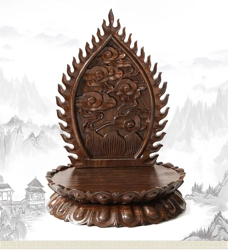 GOLDY&WENDY Oriental Furniture Display Stand Ebony Oval Lotus Backlit Base Wooden Hollow Carved Buddha Statue Guanyin Craft Ornament