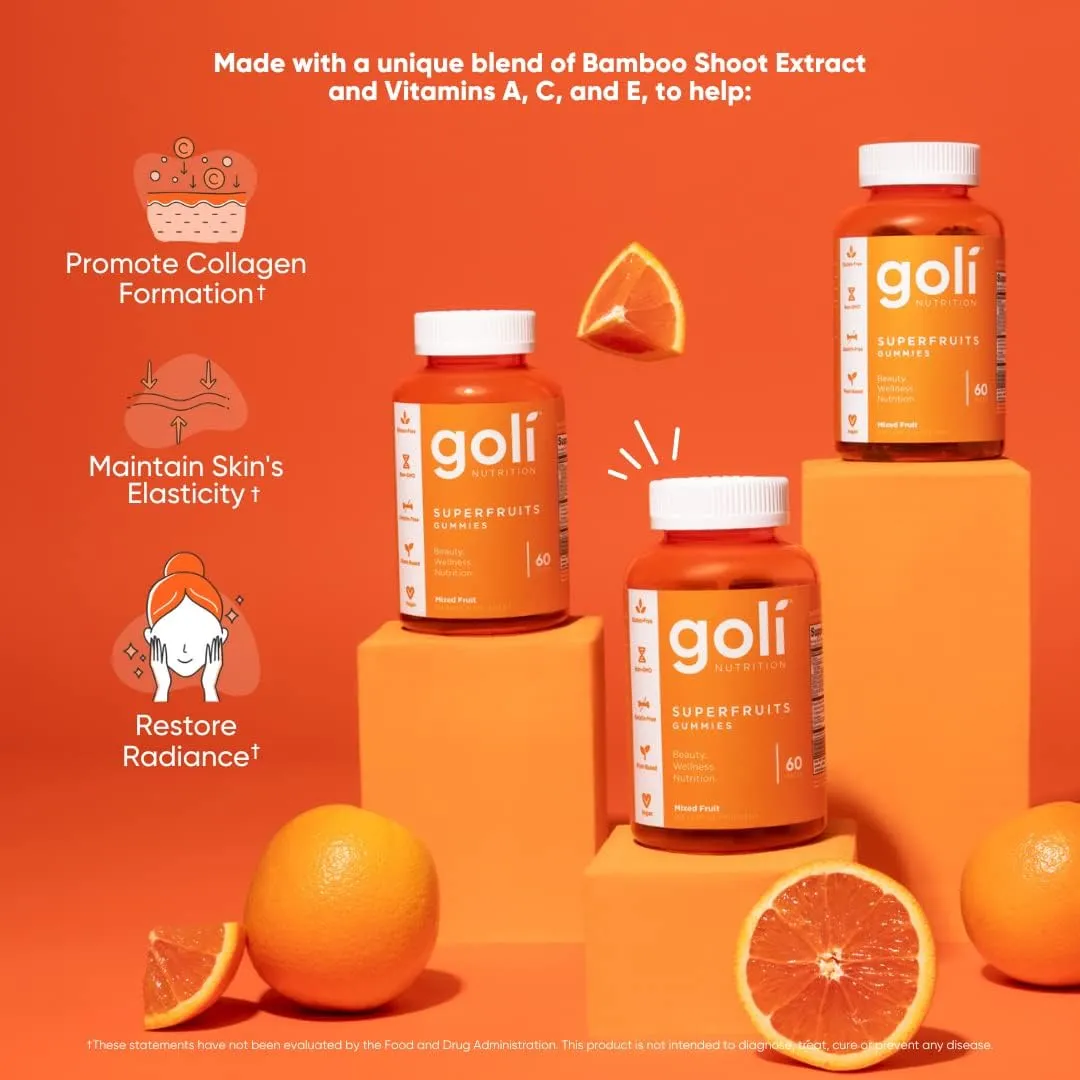 Goli Nutritional Supplement, SuperFruits Beauty Gummy Vitamin - 180 Count - Collagen-Promoting Ingredients - Mixed Fruit, Vegan, Plant-Based, Non-GMO, Gluten-Free & Gelatin Free