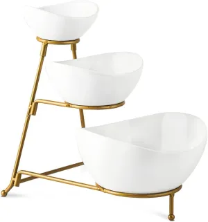 Gomakren 3 Tiered Oval Serving Bowl With Collapsible Metal Rack, Chip and Dip Serving Set, Dessert Appetizer, Candy, Fruit, Vegetable Bowl Set, White Serving Bowls For Entertaining(Gold Stand)
