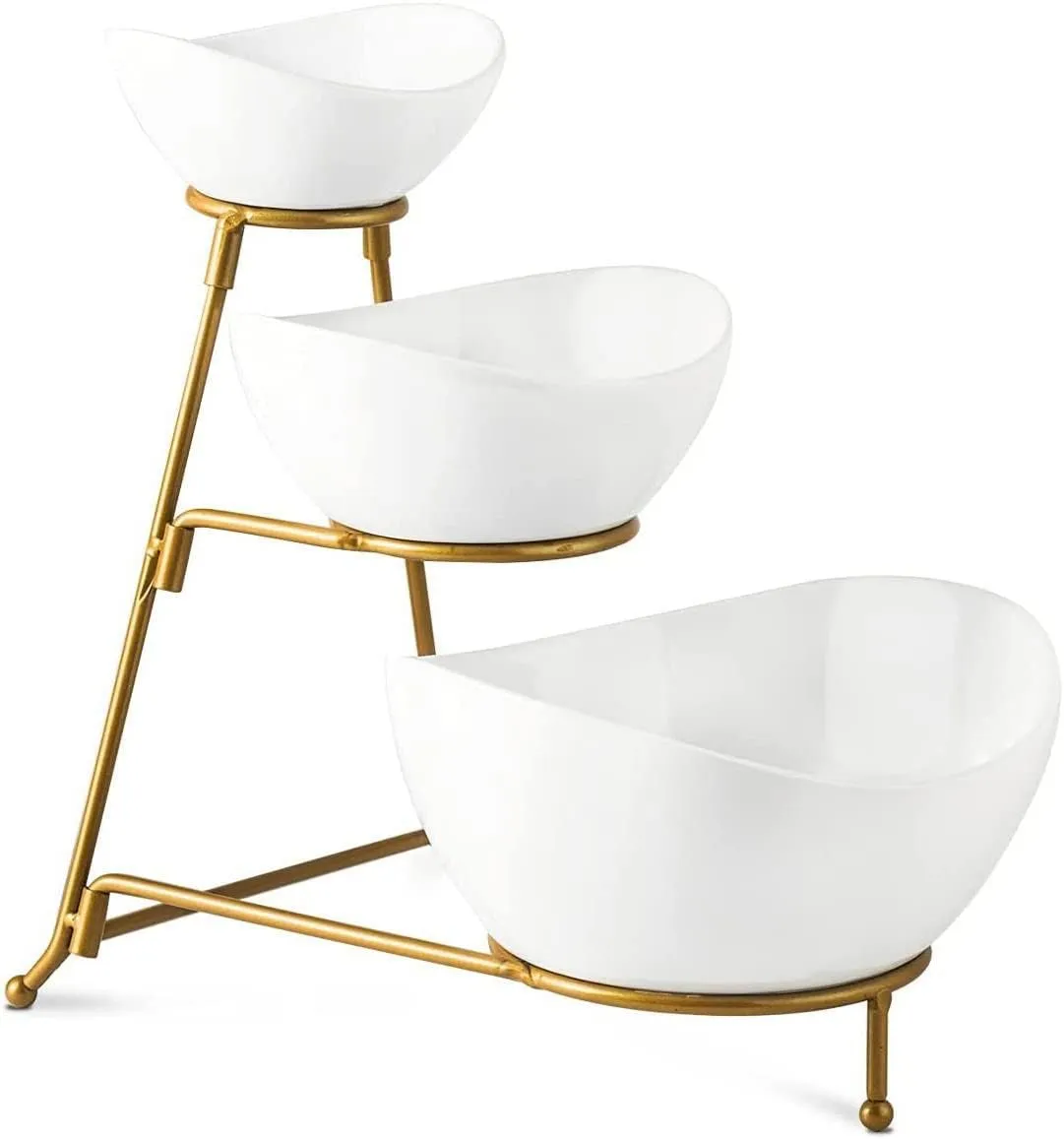 Gomakren 3 Tiered Oval Serving Bowl With Collapsible Metal Rack, Chip and Dip Serving Set, Dessert Appetizer, Candy, Fruit, Vegetable Bowl Set, White Serving Bowls For Entertaining(Gold Stand)