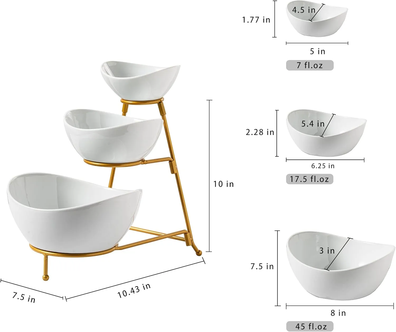 Gomakren 3 Tiered Oval Serving Bowl With Collapsible Metal Rack, Chip and Dip Serving Set, Dessert Appetizer, Candy, Fruit, Vegetable Bowl Set, White Serving Bowls For Entertaining(Gold Stand)