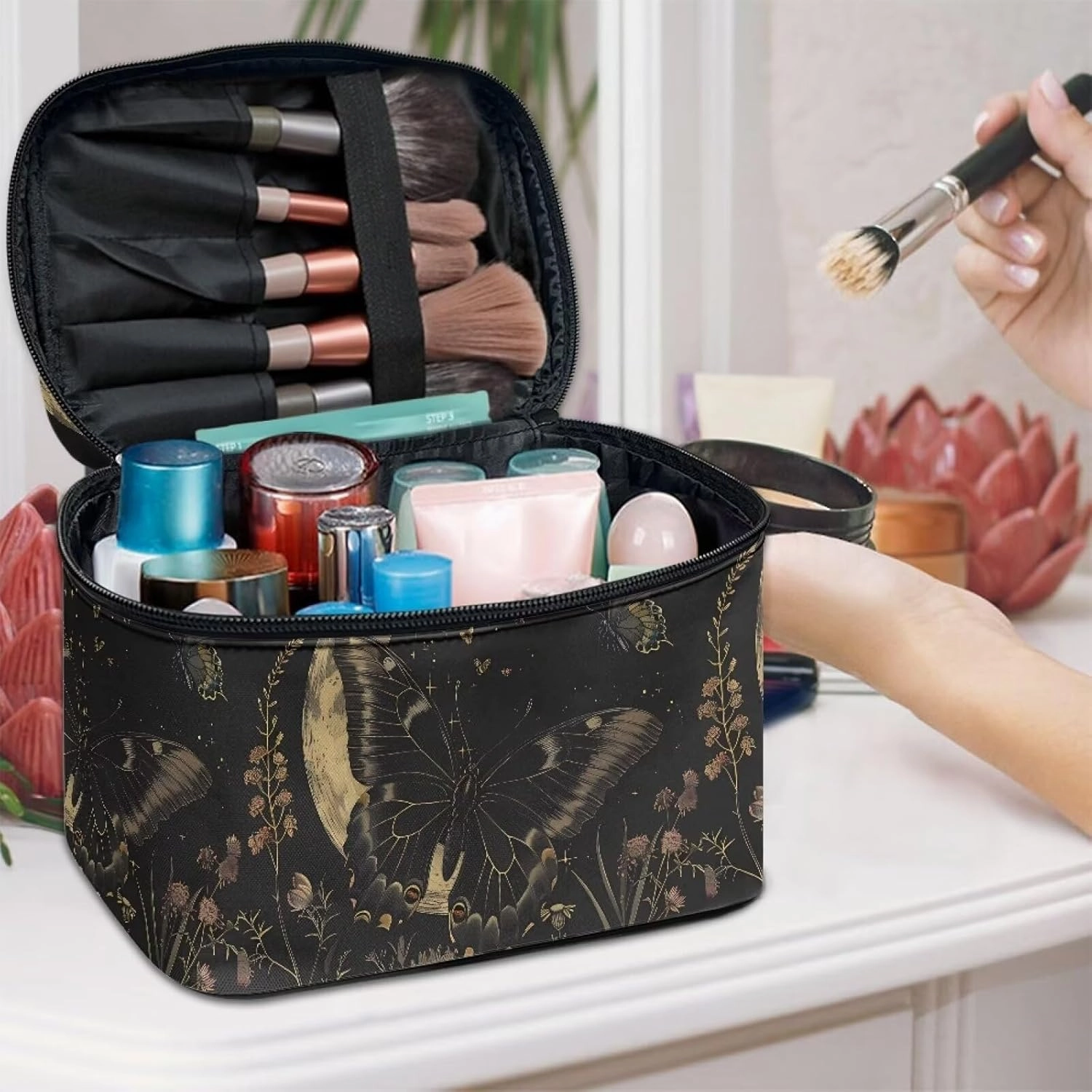 Goth Makeup Bag for Women Star and Moon cosmetic bag with handle on top Butterfly Travel Toiletry Bag Large Capacity Aesthetic Travel Skincare Bag Organizer travel bag for small items Womens