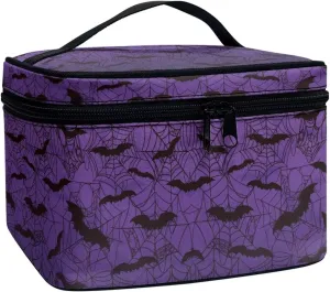 Gothic Halloween Purple Spider Web Bag Bats Print Makeup Bag Travel Cosmetic Bag with Zipper and Handle Portable Large Capacity Toiletry Case for Women Ladies Travel Accessories