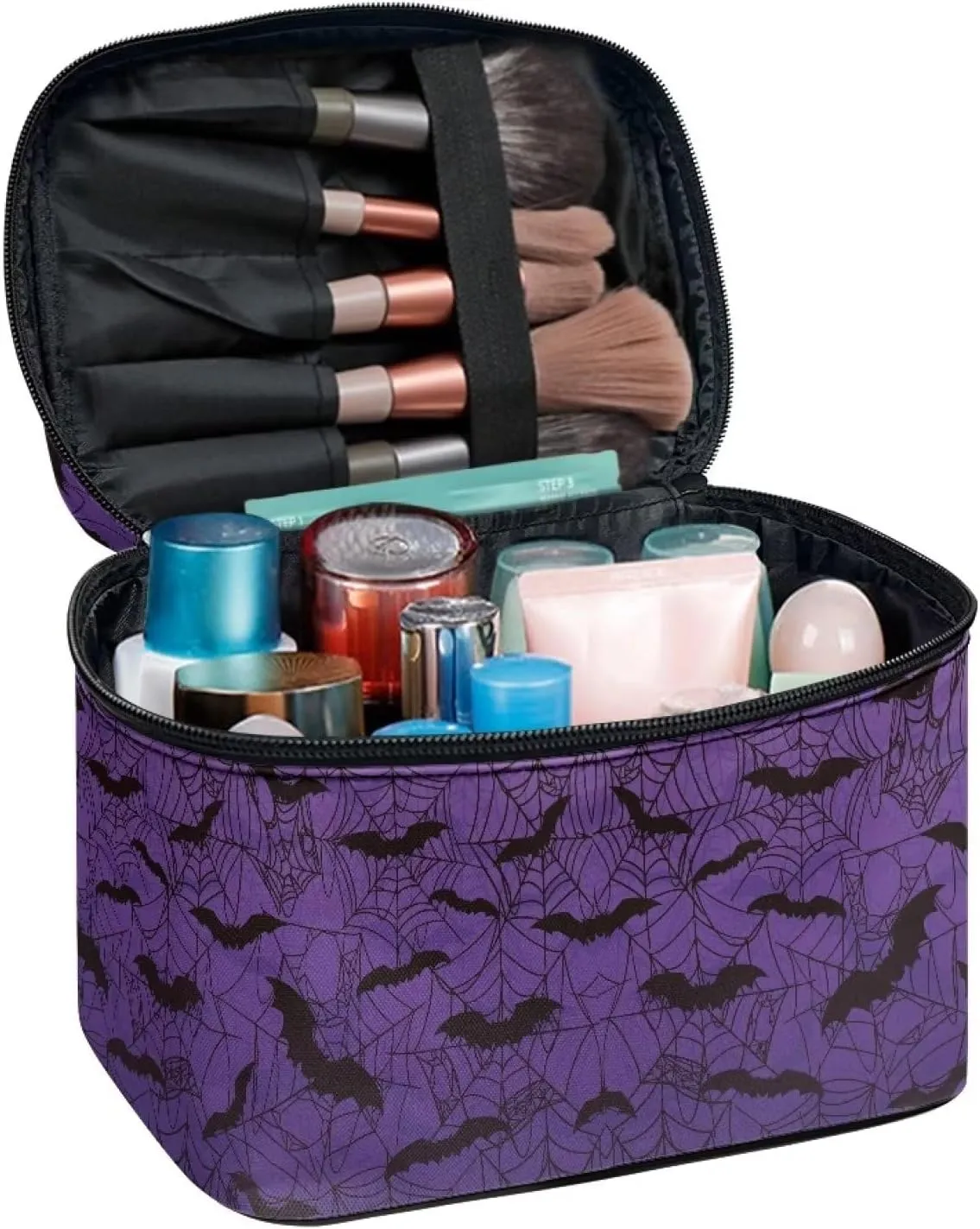 Gothic Halloween Purple Spider Web Bag Bats Print Makeup Bag Travel Cosmetic Bag with Zipper and Handle Portable Large Capacity Toiletry Case for Women Ladies Travel Accessories