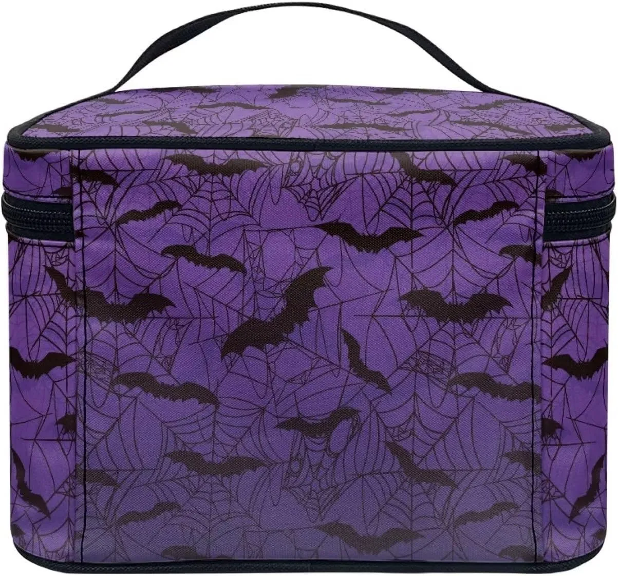 Gothic Halloween Purple Spider Web Bag Bats Print Makeup Bag Travel Cosmetic Bag with Zipper and Handle Portable Large Capacity Toiletry Case for Women Ladies Travel Accessories