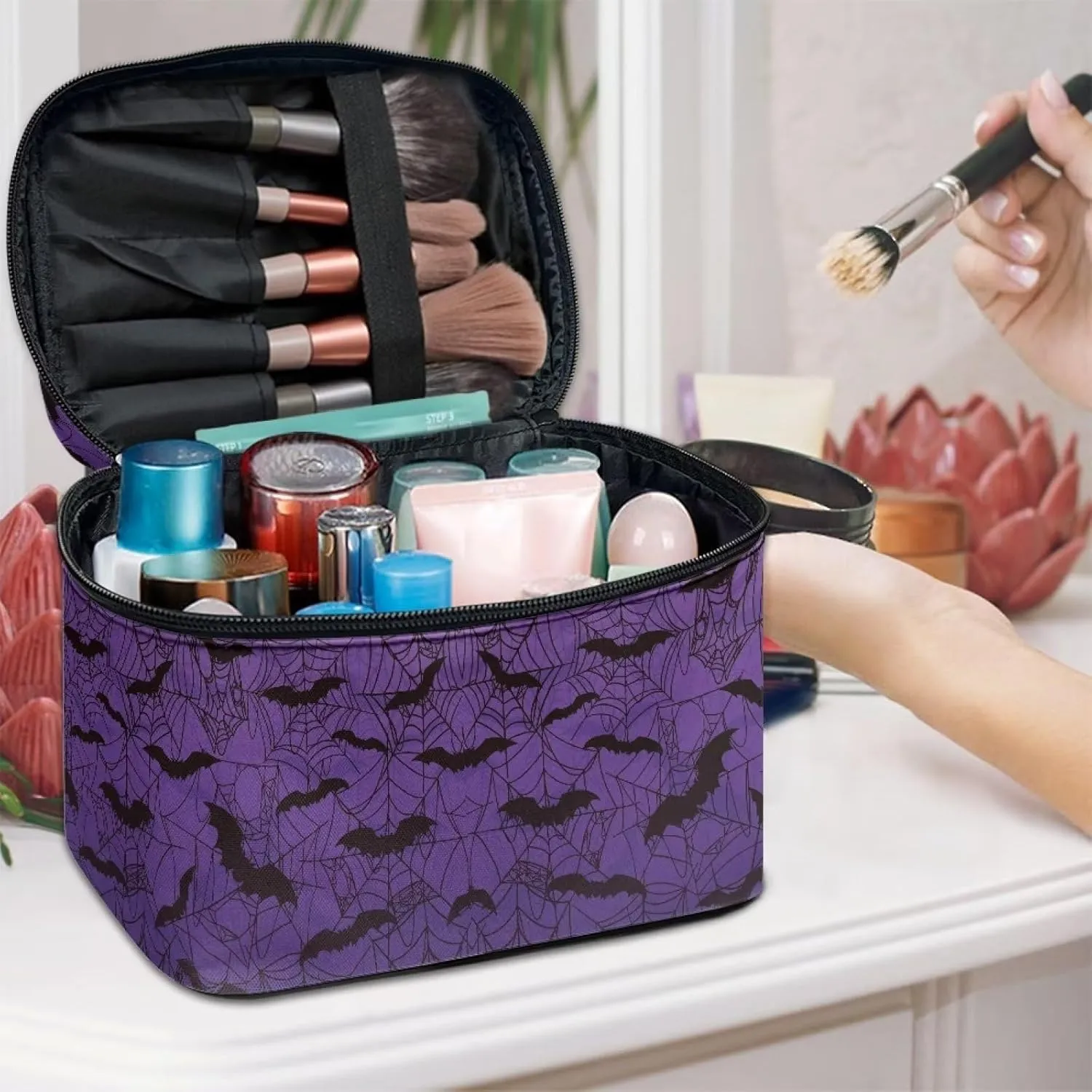Gothic Halloween Purple Spider Web Bag Bats Print Makeup Bag Travel Cosmetic Bag with Zipper and Handle Portable Large Capacity Toiletry Case for Women Ladies Travel Accessories