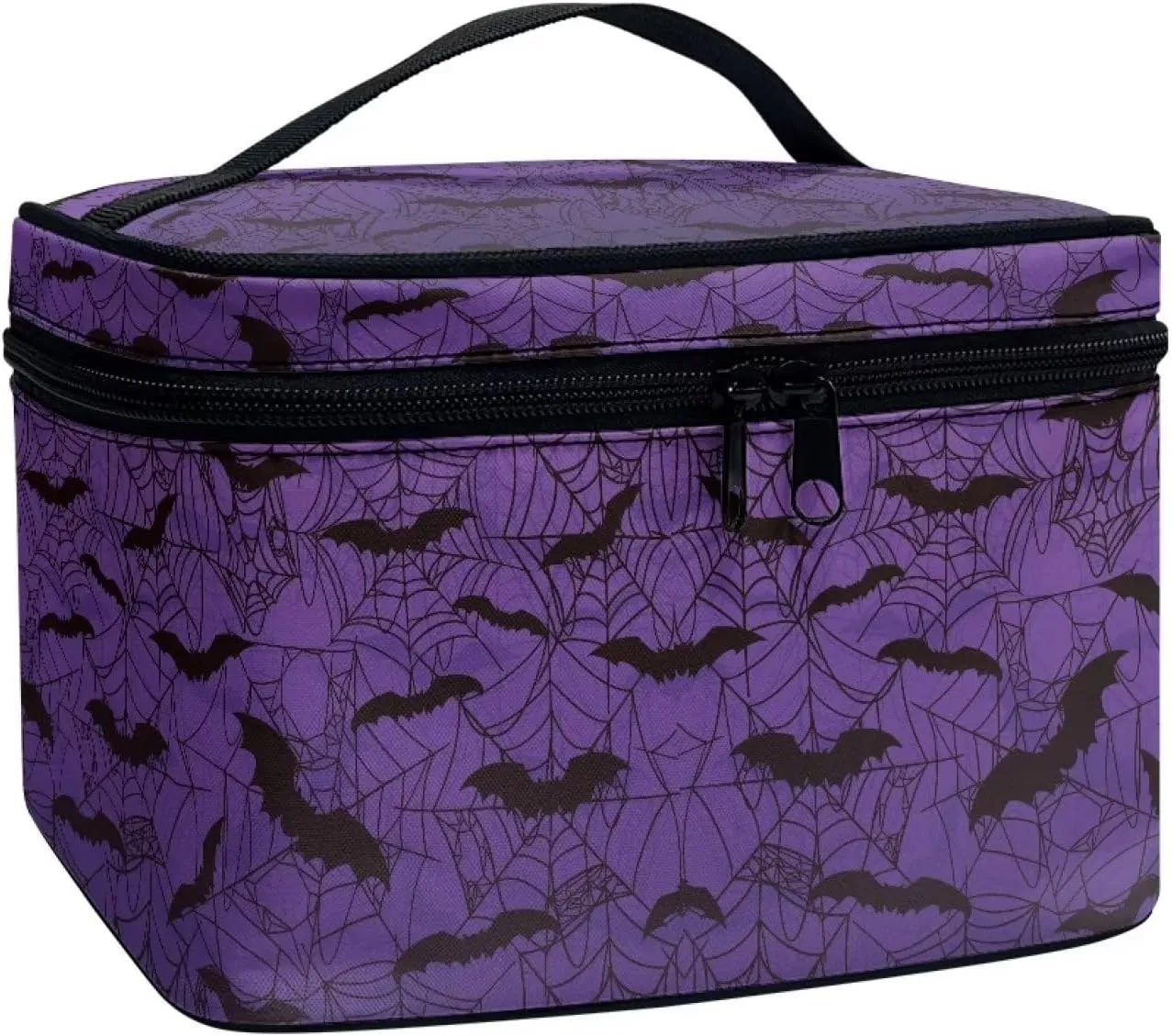 Gothic Halloween Purple Spider Web Bag Bats Print Makeup Bag Travel Cosmetic Bag with Zipper and Handle Portable Large Capacity Toiletry Case for Women Ladies Travel Accessories