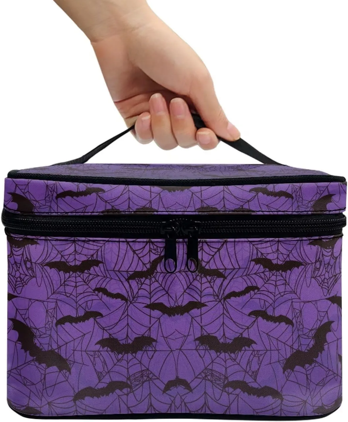 Gothic Halloween Purple Spider Web Bag Bats Print Makeup Bag Travel Cosmetic Bag with Zipper and Handle Portable Large Capacity Toiletry Case for Women Ladies Travel Accessories
