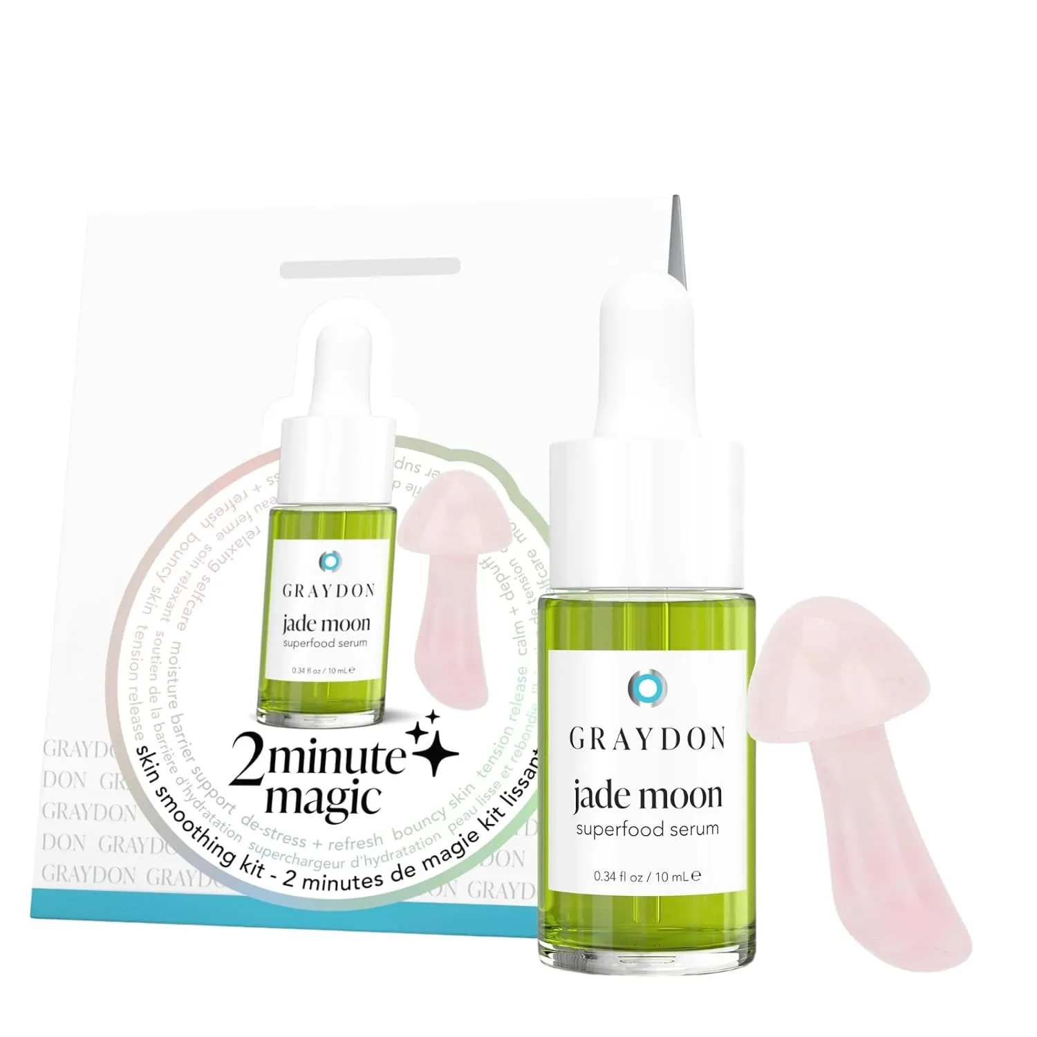 Graydon Jade Moon Superfood Face Serum With Rose Quartz Mushroom Shaped Gua Sha 2 Minute Magic Skin Smoothing Kit Boosts Moisture Barrier & Soothes Skin Silky Oat Oil, Prickly Pear, Goji Berries 10ml