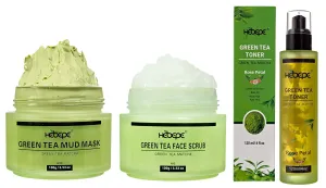 Green Tea Matcha Mud Mask with Aloe Vera, Green Tea Matcha Face Scrub, and Facial Toner with Rose Petal