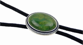 Green Jade Stone Bolo Tie Oval Silver Plated 36 inches Adjustable Cord Handmade Wall Artisan Art Vintage Decor For Home