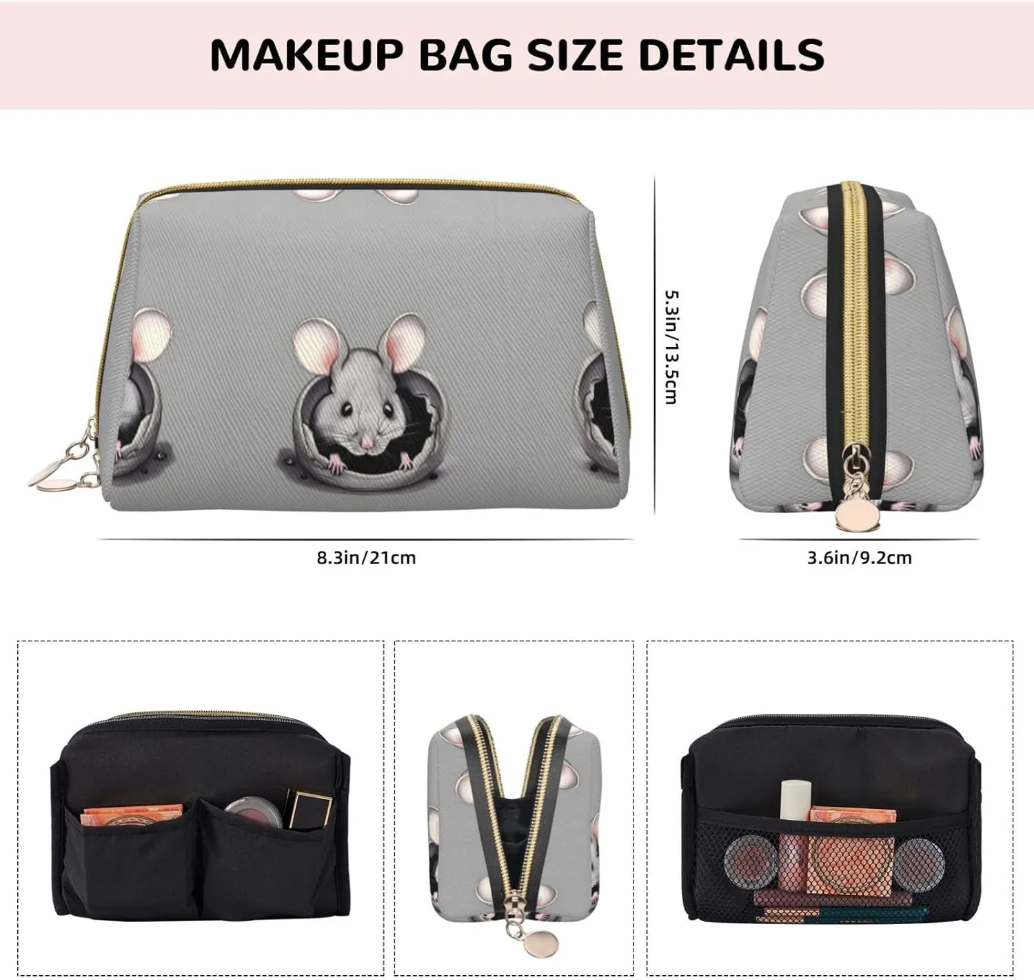 Grey Ratmakeup Bag Organizer,Toiletry Cosmetic Bag,Zipper Pouch Brushes Storage Case(Large)