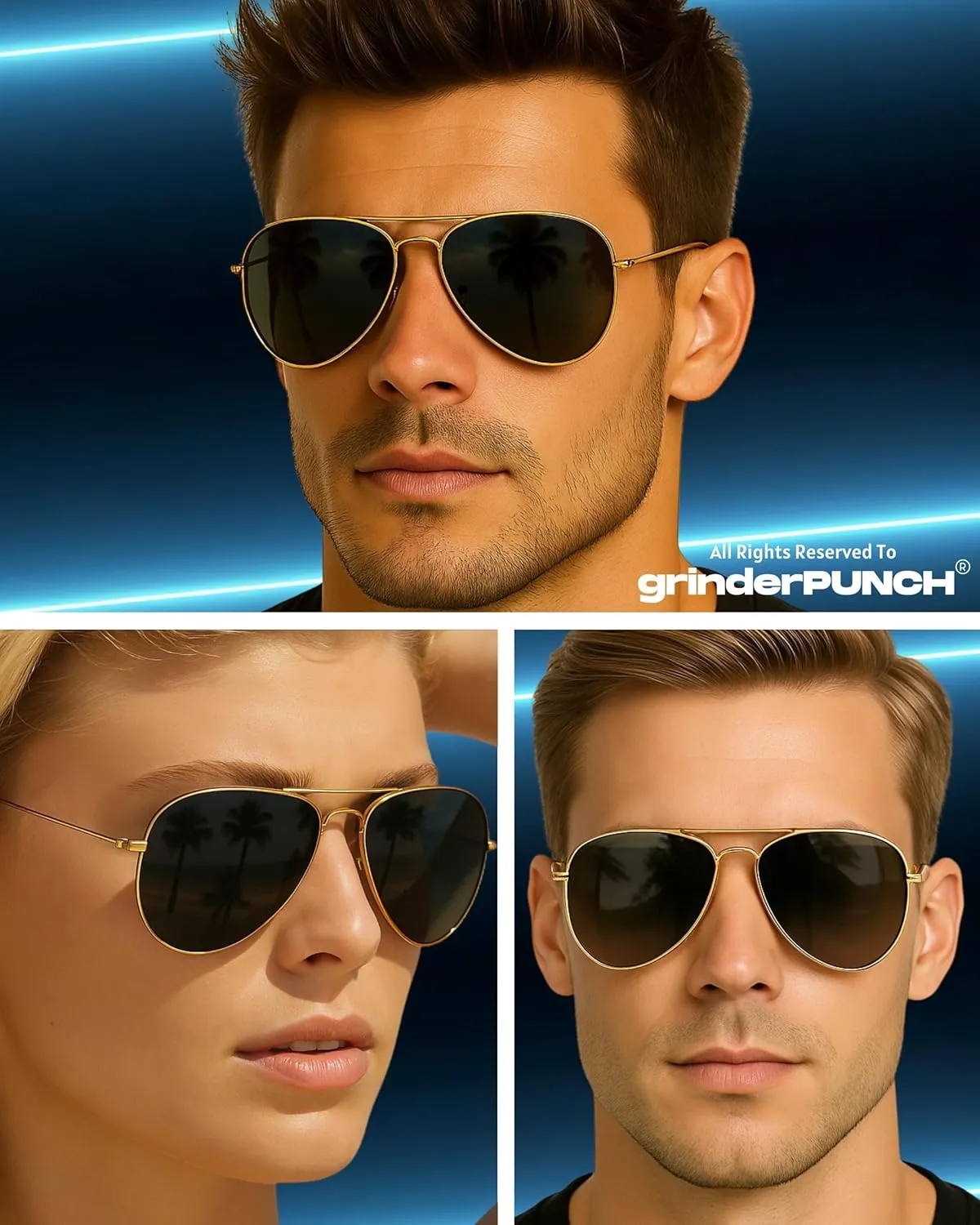 grinderPUNCH Unisex Aviator Sunglasses | Fashionable & Lightweight Frame Suits All Face Shapes | 100% UV Protection