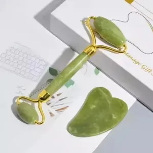 Gua Sha & Jade Roller Facial Tools Face Roller and Gua Sha Set for Puffiness and Redness Reducing Skin Care Routine, Self Care Gift for Men Women - Green