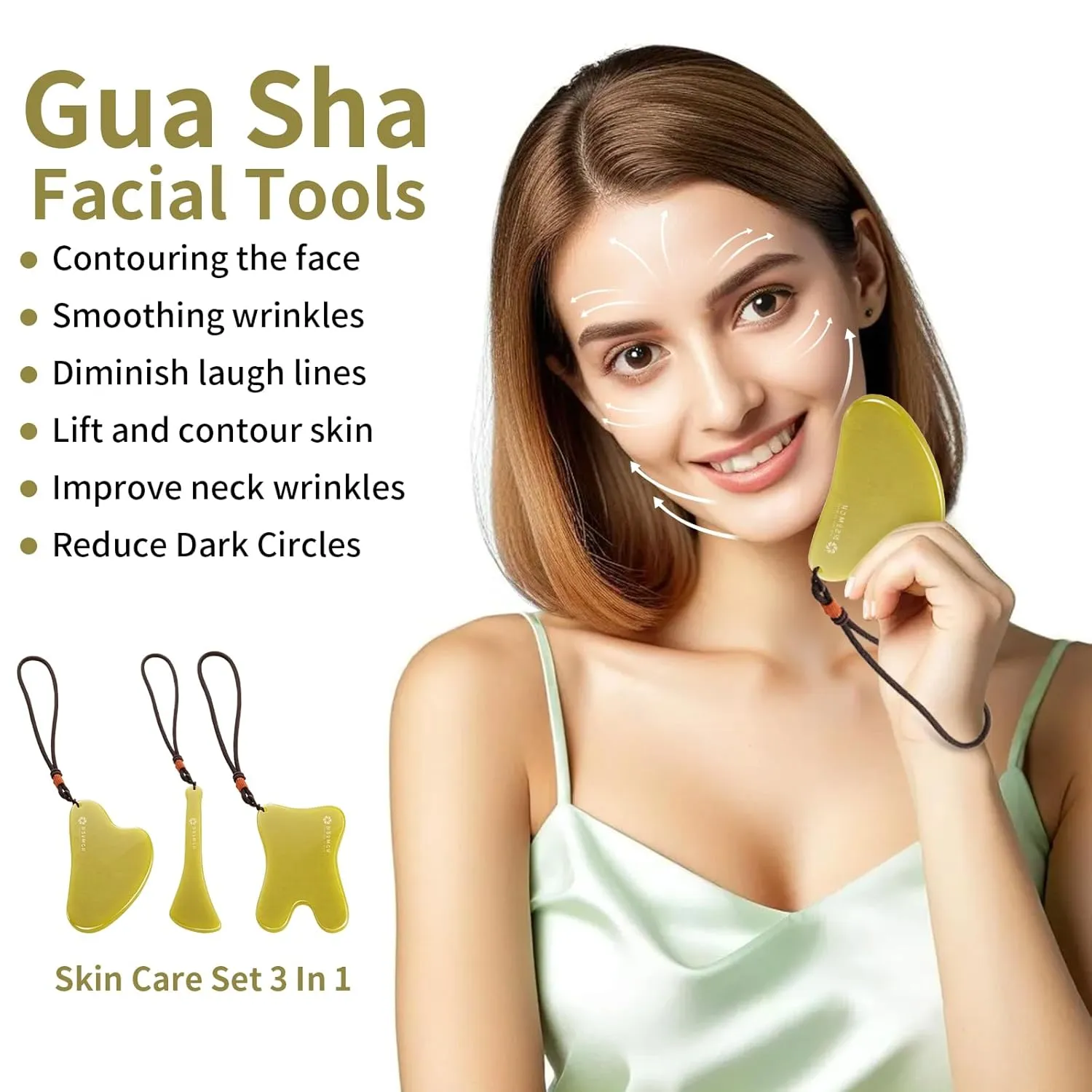 Gua Sha Facial Tool Set, Green Jade Stone Face Massager for Sculpting, Anti-Aging Skin Care Tools with Amethyst Facial Roller for Lymphatic Drainage, Beauty Gift for Women