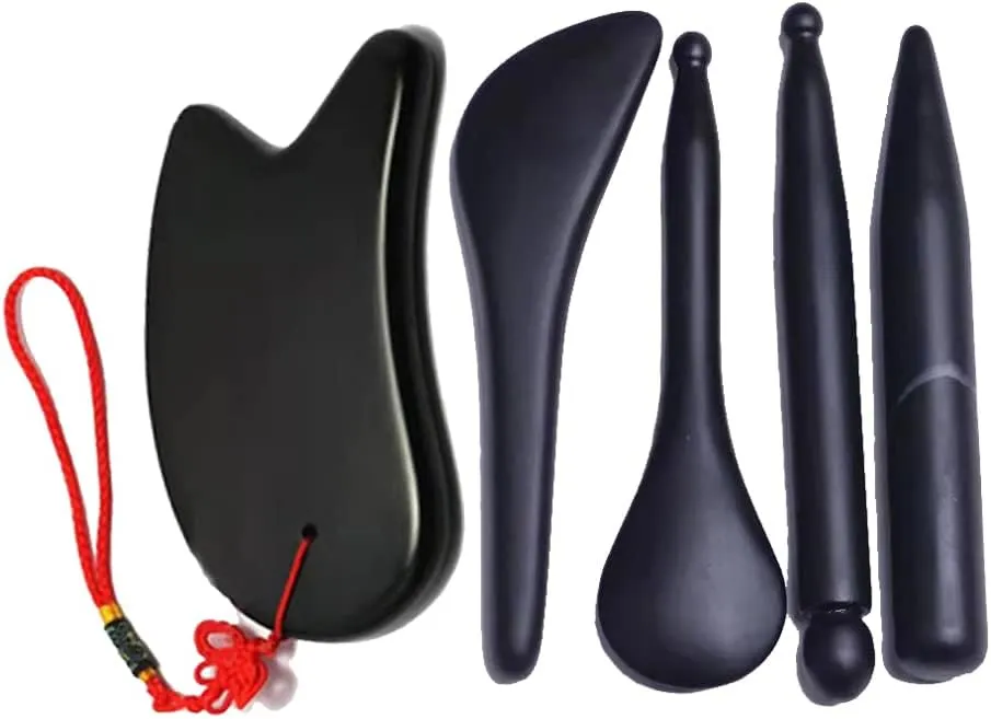 Gua Sha Massage Tool Set, Guasha Tools for Scraping Facial and Body Skin Massage Relief Stress Tool, Made of Black Bian Stones with Carry Pouch M35