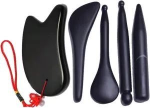 Gua Sha Massage Tool Set, Guasha Tools for Scraping Facial and Body Skin Massage Relief Stress Tool, Made of Black Bian Stones with Carry Pouch M35