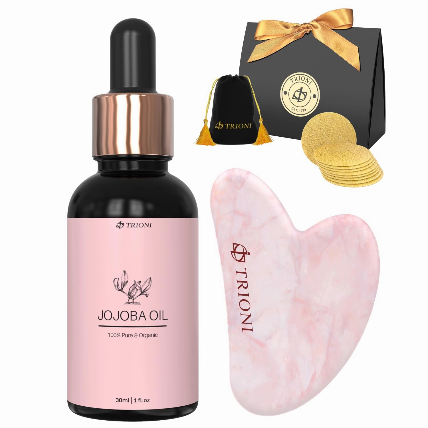 Gua Sha Facial Tools Gift Set Consists of TRIONI 100% Pure Jojoba Oil Enriched with Vitamin E (30ml), Authentic Rose Quartz Heart Shaped Guasha Tool for Face, Sponges (15ct), and a Drawstring Bag