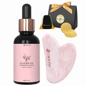 Gua Sha Facial Tools Gift Set Consists of TRIONI 100% Pure Jojoba Oil Enriched with Vitamin E (30ml), Authentic Rose Quartz Heart Shaped Guasha Tool for Face, Sponges (15ct), and a Drawstring Bag