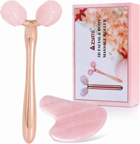 Gua Sha Facial Tools, Jade Roller for Face Skin Care Lymphatic Drainage, Pumpkin-Shaped Rose Quartz Head, Guasha Massager for Anti-Aging & Skin Tightening, Reduce Wrinkles & Puffiness