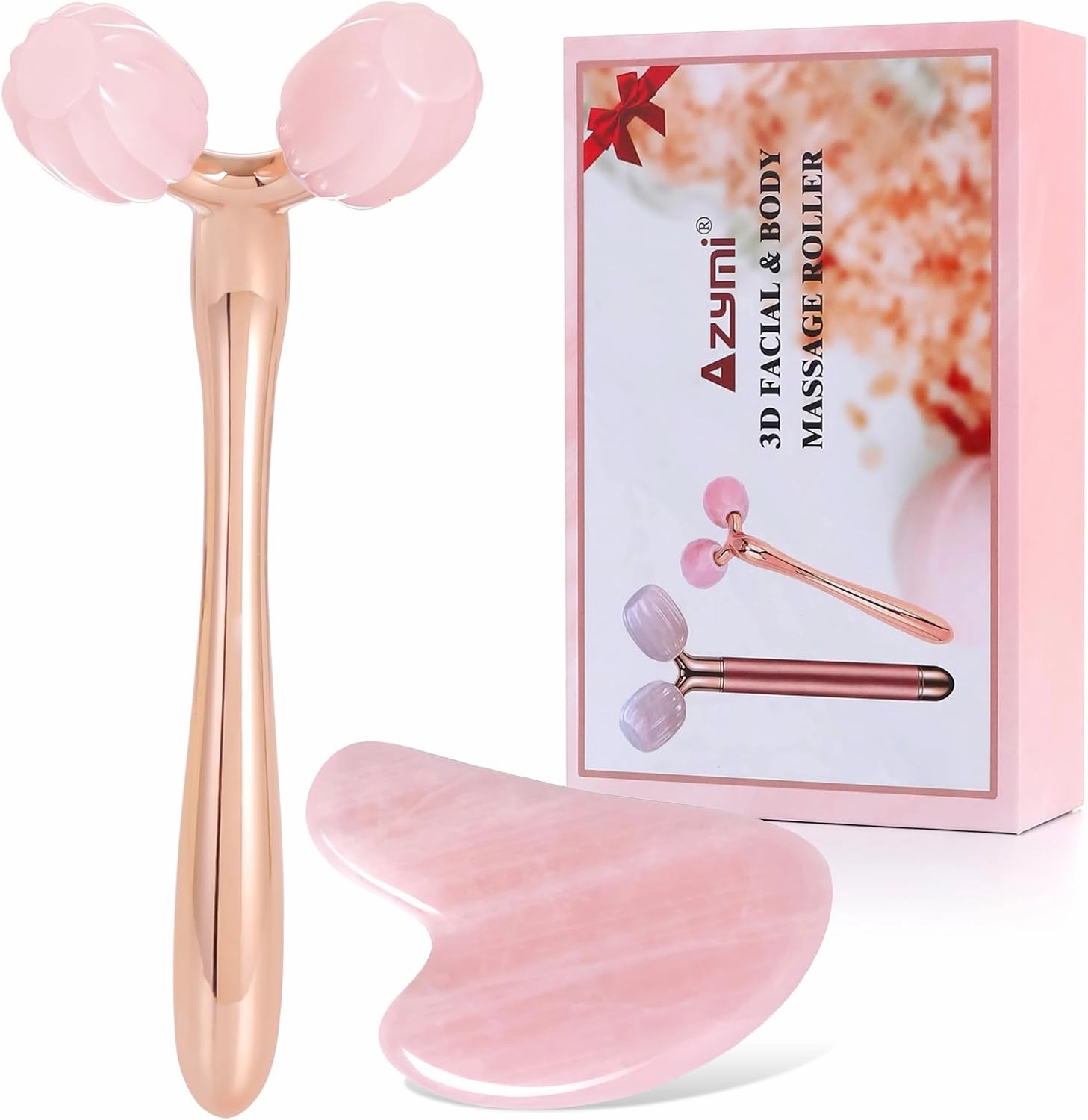 Gua Sha Facial Tools, Jade Roller for Face Skin Care Lymphatic Drainage, Pumpkin-Shaped Rose Quartz Head, Guasha Massager for Anti-Aging & Skin Tightening, Reduce Wrinkles & Puffiness