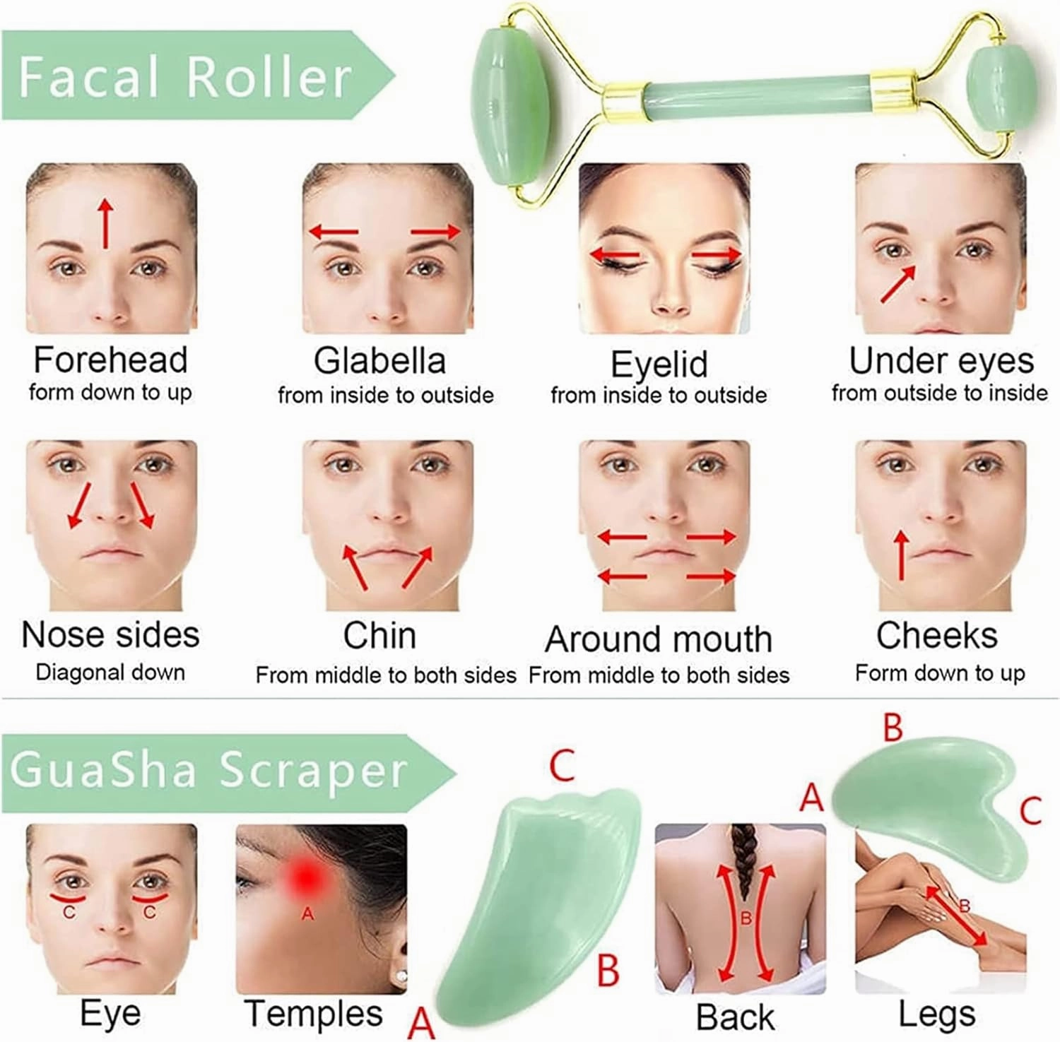 Gua sha Scraper Board Natural Crystal Jade Roller Facial Thin Massager Box Skin Slim Pink Stone Guasha Gem Anti Wrinkle Remover Gua Sha Gift Set Tool Massage Tool Set (Color : Sets 02)