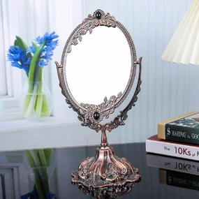Guppy 15 inch Metal Vintage Makeup Mirror, Tabletop Oval Cosmetic Mirror, Vintage Swivel Double Sided Cosmetic Mirror with Embossed Frame Stand Base, Retro Mirror for Dresser Gifte-Red Bronze