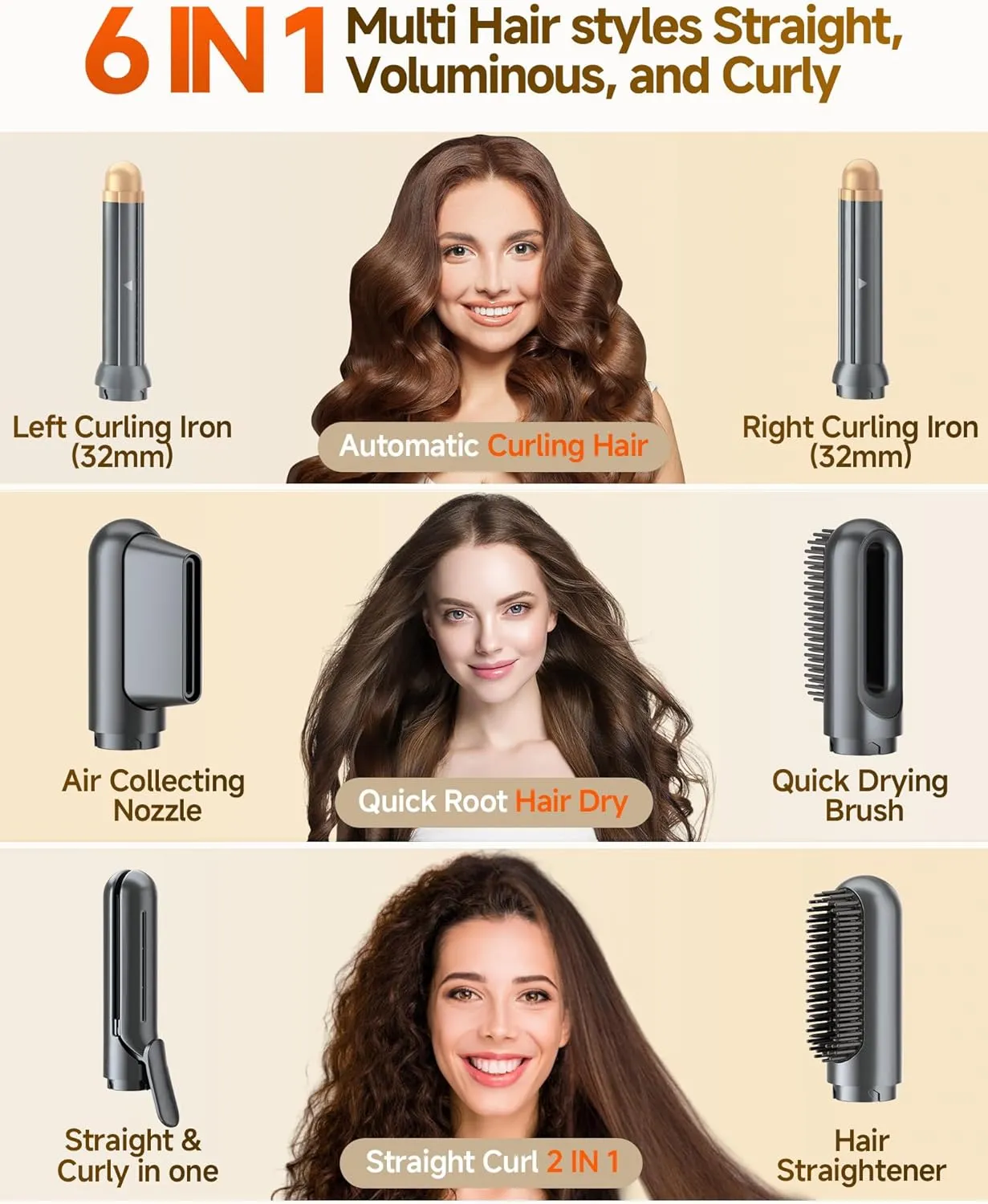 Hair Dryer Brush 6-in-1 Straightener,Hair Auto-Wrap Curlers, Professional 110,000 RPM Magic Multi Styler with Attachments,Fast hot Drying Set Gift for Girl Curling Volumizing Straightening.