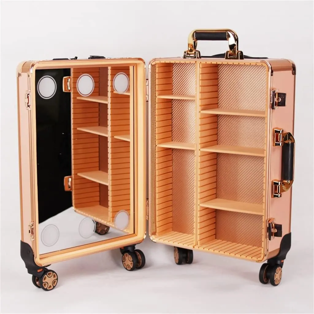 Hairdressing Makeup Case With Lamp And Ladies Makeup Barber Suitcase Wheels Trolley Tool Box(D)