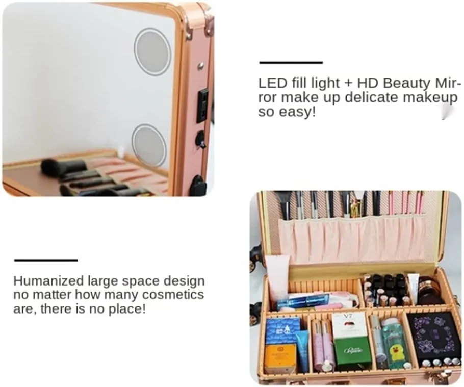 Hairdressing Makeup Case With Lamp And Ladies Makeup Barber Suitcase Wheels Trolley Tool Box(D)