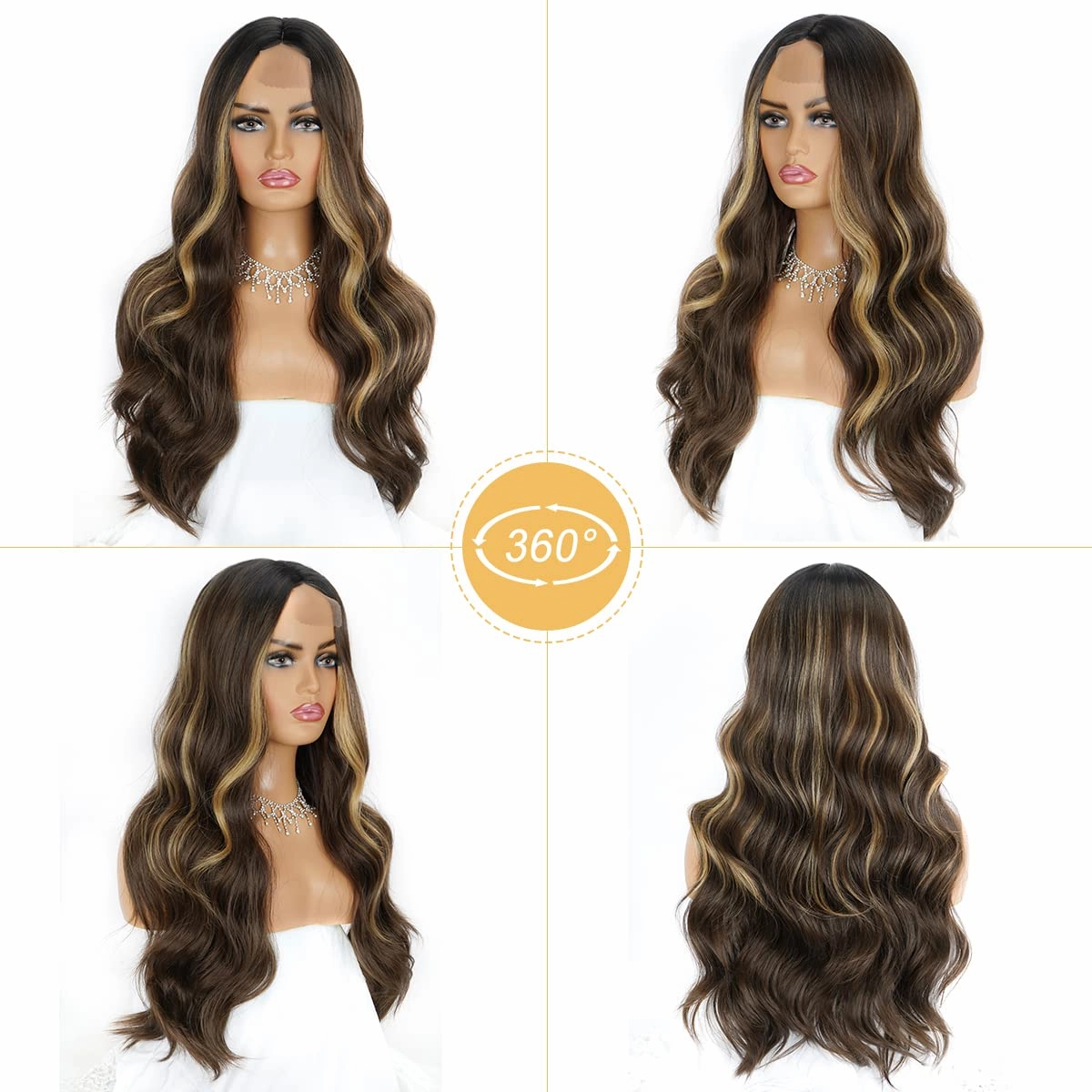Halcyon Long Brown Wavy Wig for Women Brown Wig With Highlights 26 Inch Middle Part Long Wavy Synthetic Curly Wig for Daily Use Brown Mixed Blonde Wig