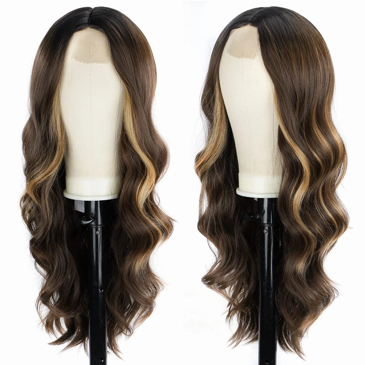 Halcyon Long Brown Wavy Wig for Women Brown Wig With Highlights 26 Inch Middle Part Long Wavy Synthetic Curly Wig for Daily Use Brown Mixed Blonde Wig