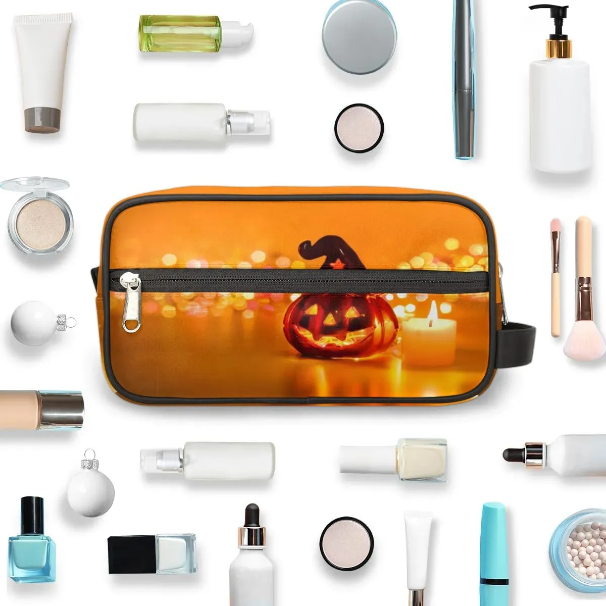 Halloween Pumpkin Candle Travel Toiletry Bag for Women Men Small Cosmetic Makeup Organizer Water Resistant Shaving Bag Portable Make Up Bag Storage Bags with Handle