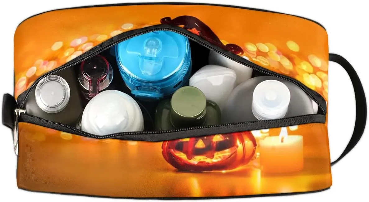Halloween Pumpkin Candle Travel Toiletry Bag for Women Men Small Cosmetic Makeup Organizer Water Resistant Shaving Bag Portable Make Up Bag Storage Bags with Handle