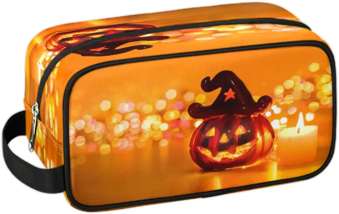 Halloween Pumpkin Candle Travel Toiletry Bag for Women Men Small Cosmetic Makeup Organizer Water Resistant Shaving Bag Portable Make Up Bag Storage Bags with Handle