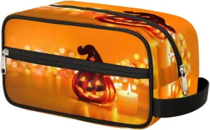 Halloween Pumpkin Candle Travel Toiletry Bag for Women Men Small Cosmetic Makeup Organizer Water Resistant Shaving Bag Portable Make Up Bag Storage Bags with Handle