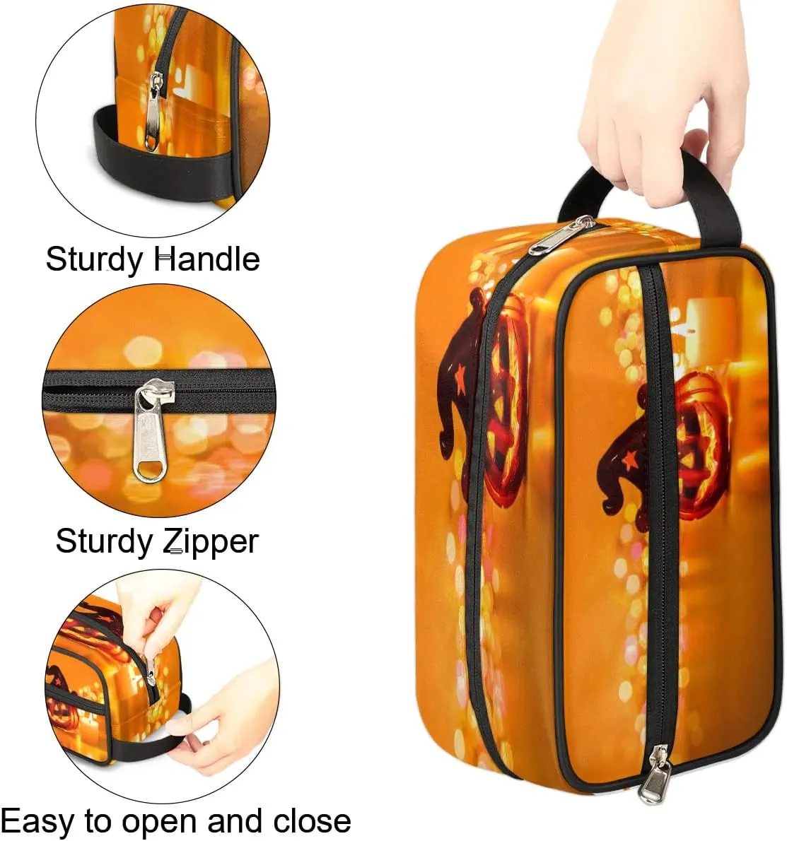 Halloween Pumpkin Candle Travel Toiletry Bag for Women Men Small Cosmetic Makeup Organizer Water Resistant Shaving Bag Portable Make Up Bag Storage Bags with Handle