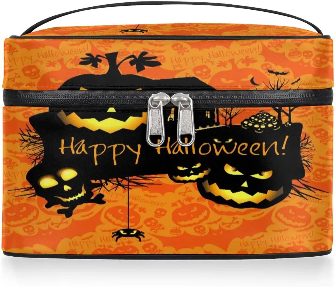 Halloween Theme Makeup Bag Small Cosmetic Bag for Women Travel Makeup Case Organizer Portable Zipper Make Up Brush Bag Cute Toiletry Bag Storage Bags with Handle