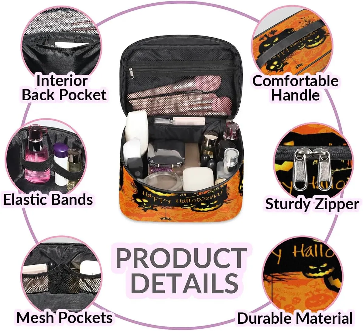 Halloween Theme Makeup Bag Small Cosmetic Bag for Women Travel Makeup Case Organizer Portable Zipper Make Up Brush Bag Cute Toiletry Bag Storage Bags with Handle