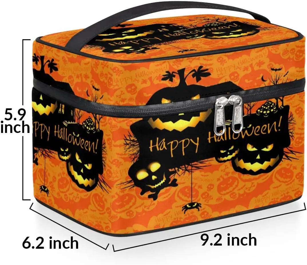 Halloween Theme Makeup Bag Small Cosmetic Bag for Women Travel Makeup Case Organizer Portable Zipper Make Up Brush Bag Cute Toiletry Bag Storage Bags with Handle